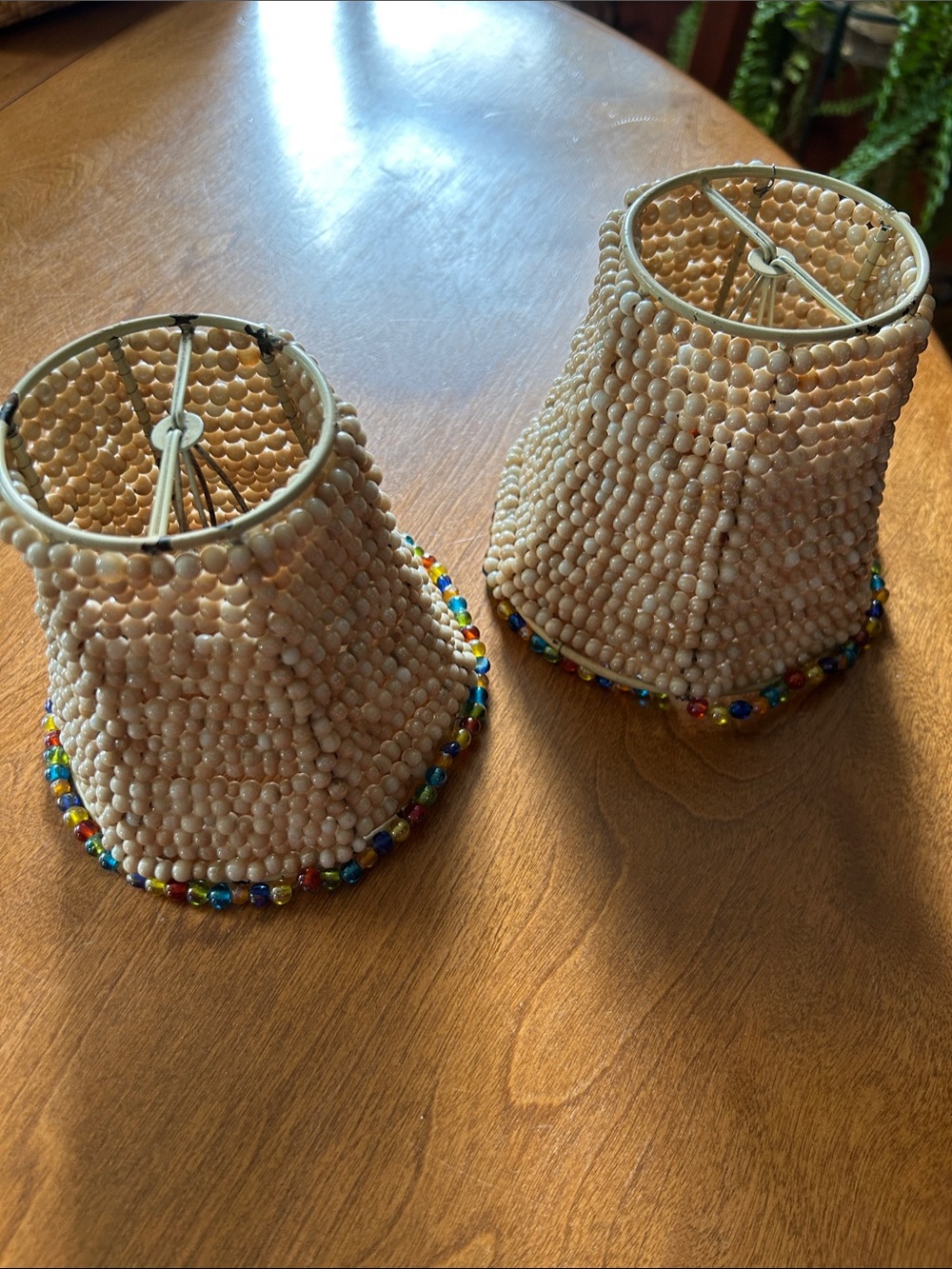 Vintage Handmade Cream Beaded Pair with Multicolor Trim Small Lampshades